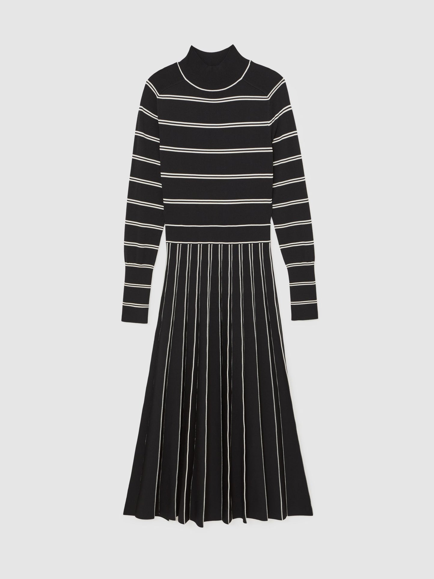 Stripe Pleated Knitted Midi Dress in Black/Ivory