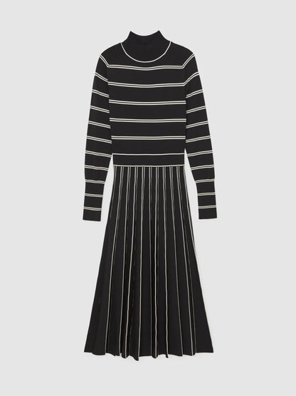 Stripe Pleated Knitted Midi Dress in Black/Ivory