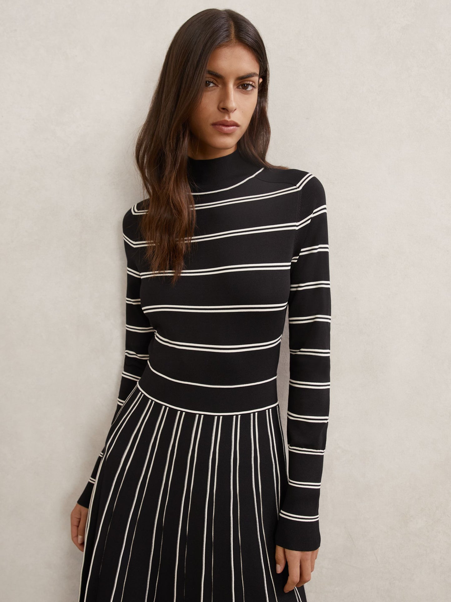 Stripe Pleated Knitted Midi Dress in Black/Ivory