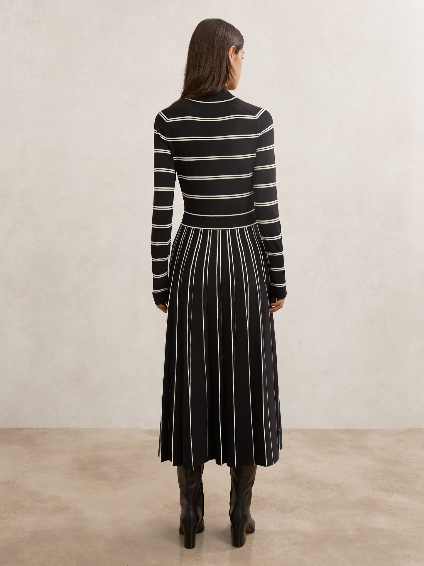 Stripe Pleated Knitted Midi Dress in Black/Ivory