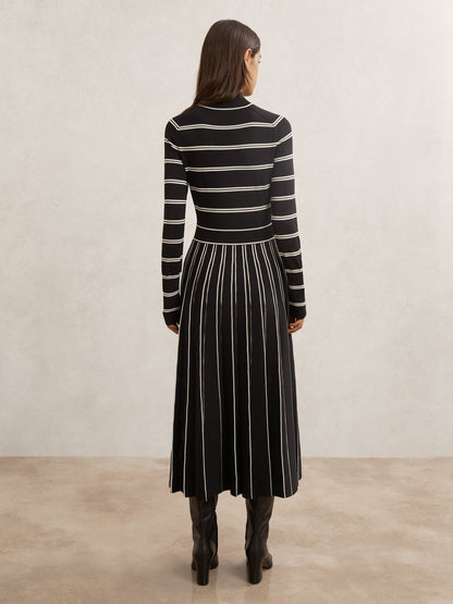 Stripe Pleated Knitted Midi Dress in Black/Ivory