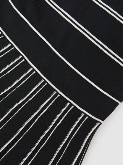 Stripe Pleated Knitted Midi Dress in Black/Ivory