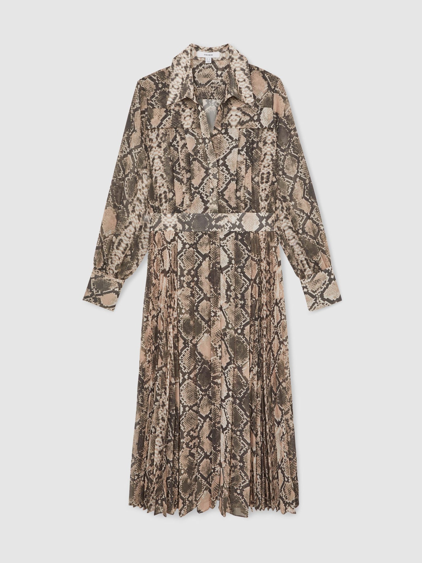 Snake-Print Pleated Midi Dress in Neutral