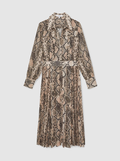 Snake-Print Pleated Midi Dress in Neutral