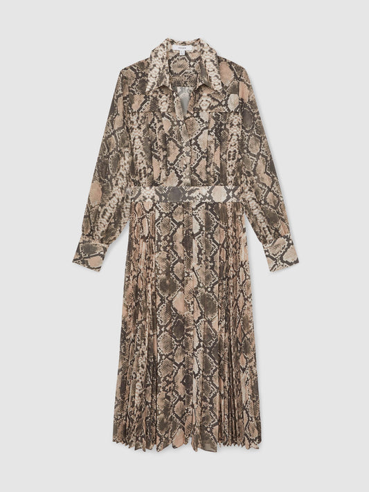 Snake-Print Pleated Midi Dress in Neutral