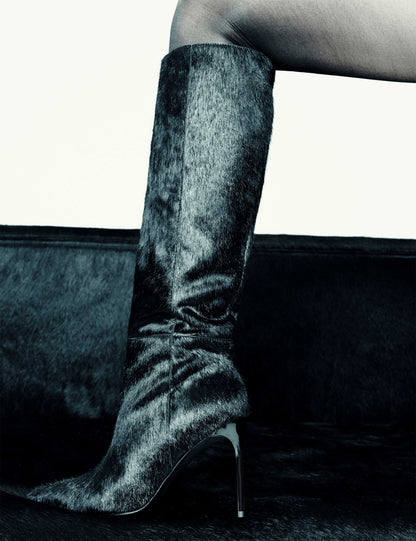 Hair On Leather Stiletto Heel Knee High Boots