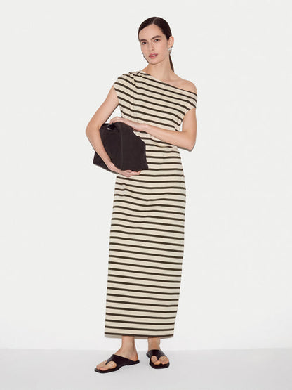 Stripe Asymmetric Neck Dress