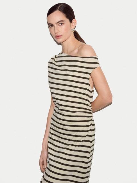 Stripe Asymmetric Neck Dress