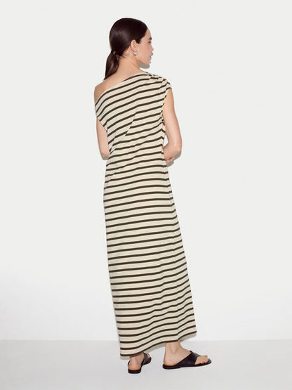 Stripe Asymmetric Neck Dress