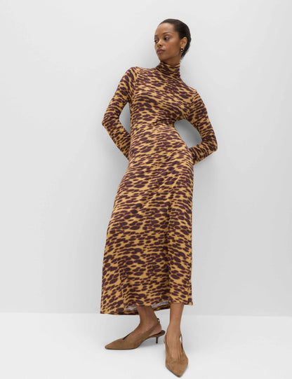 Jersey Animal Print High Neck Midaxi Dress