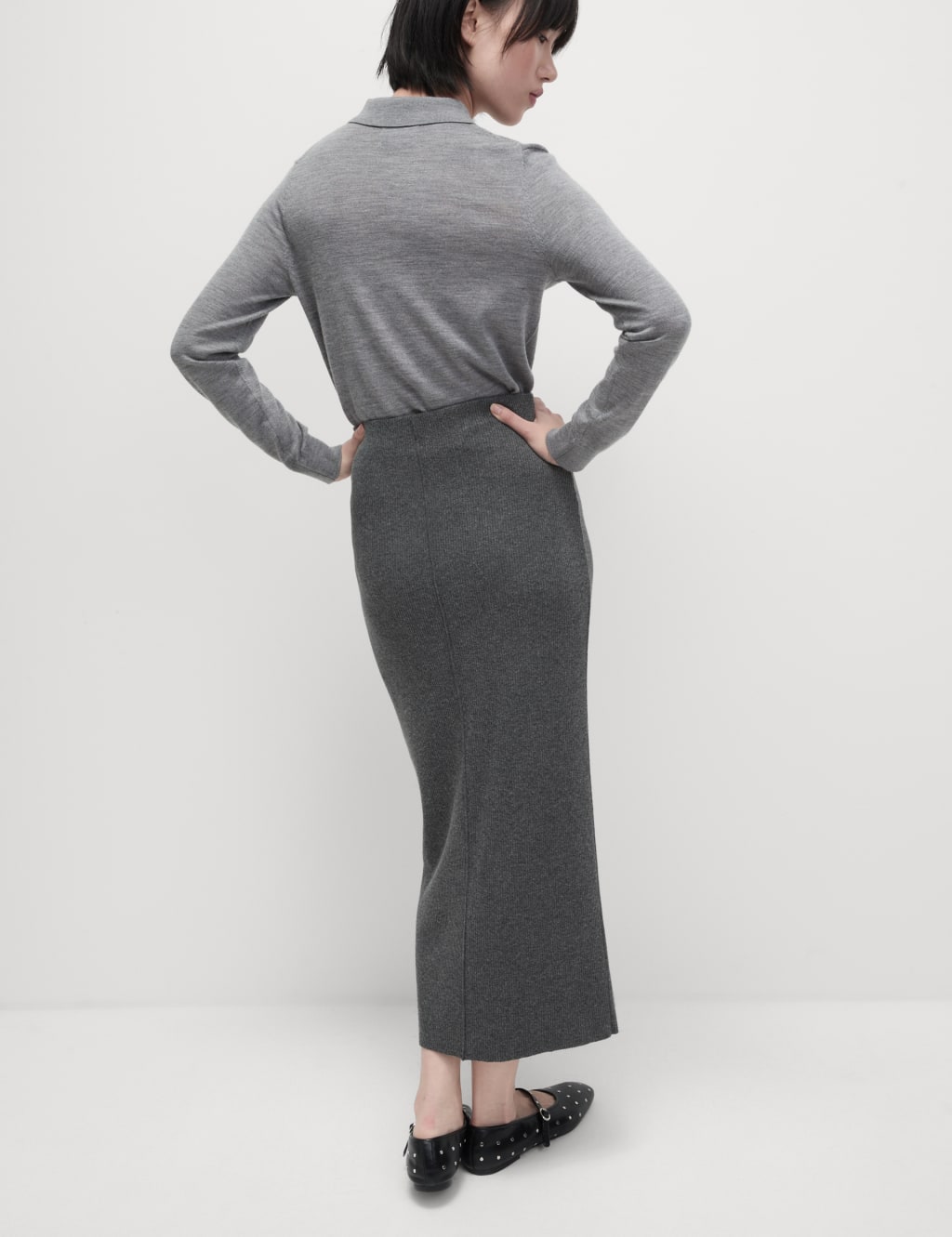 Jersey Ribbed Knee Length A-Line Skirt