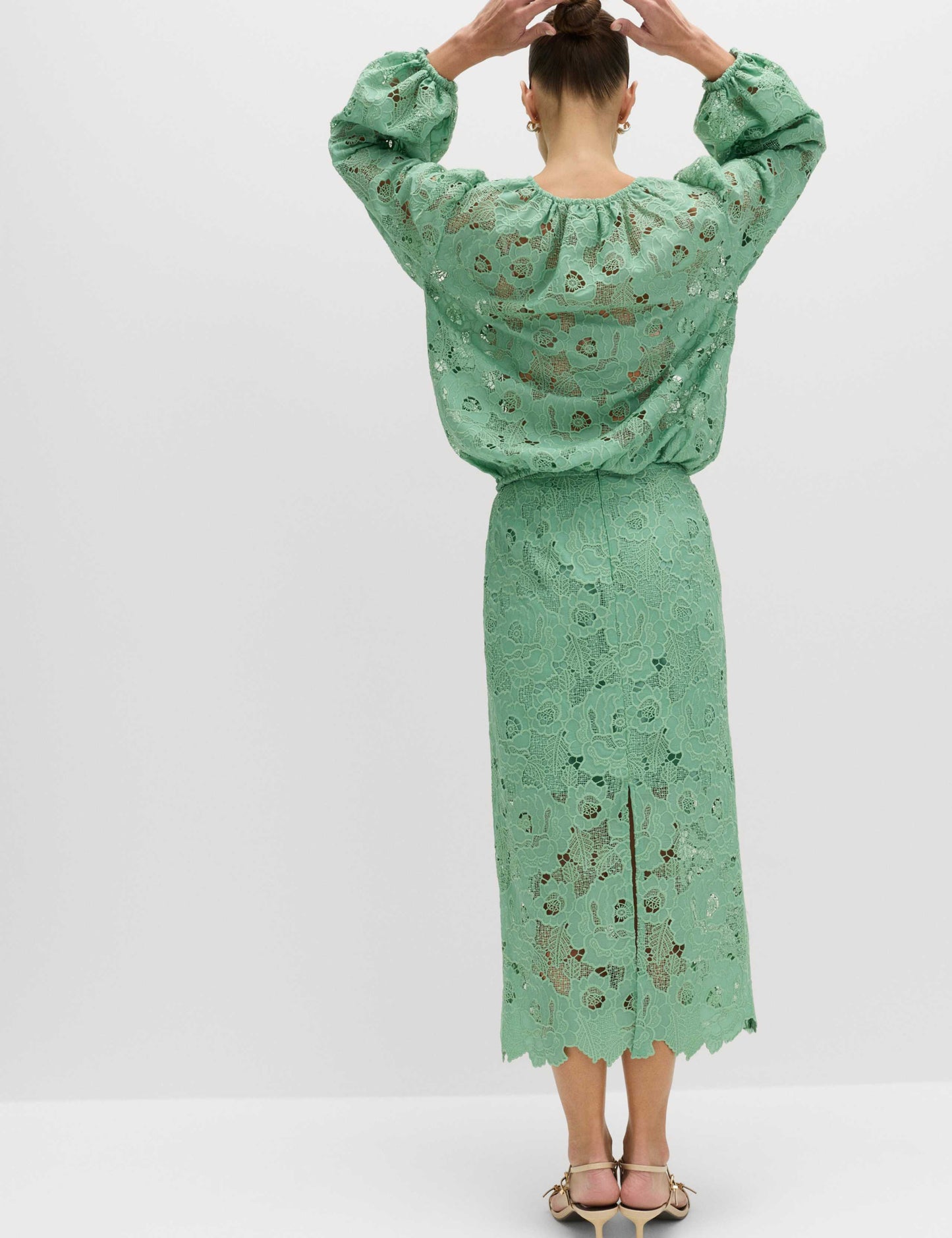 Lace Cutwork Detail Midi Pencil Skirt