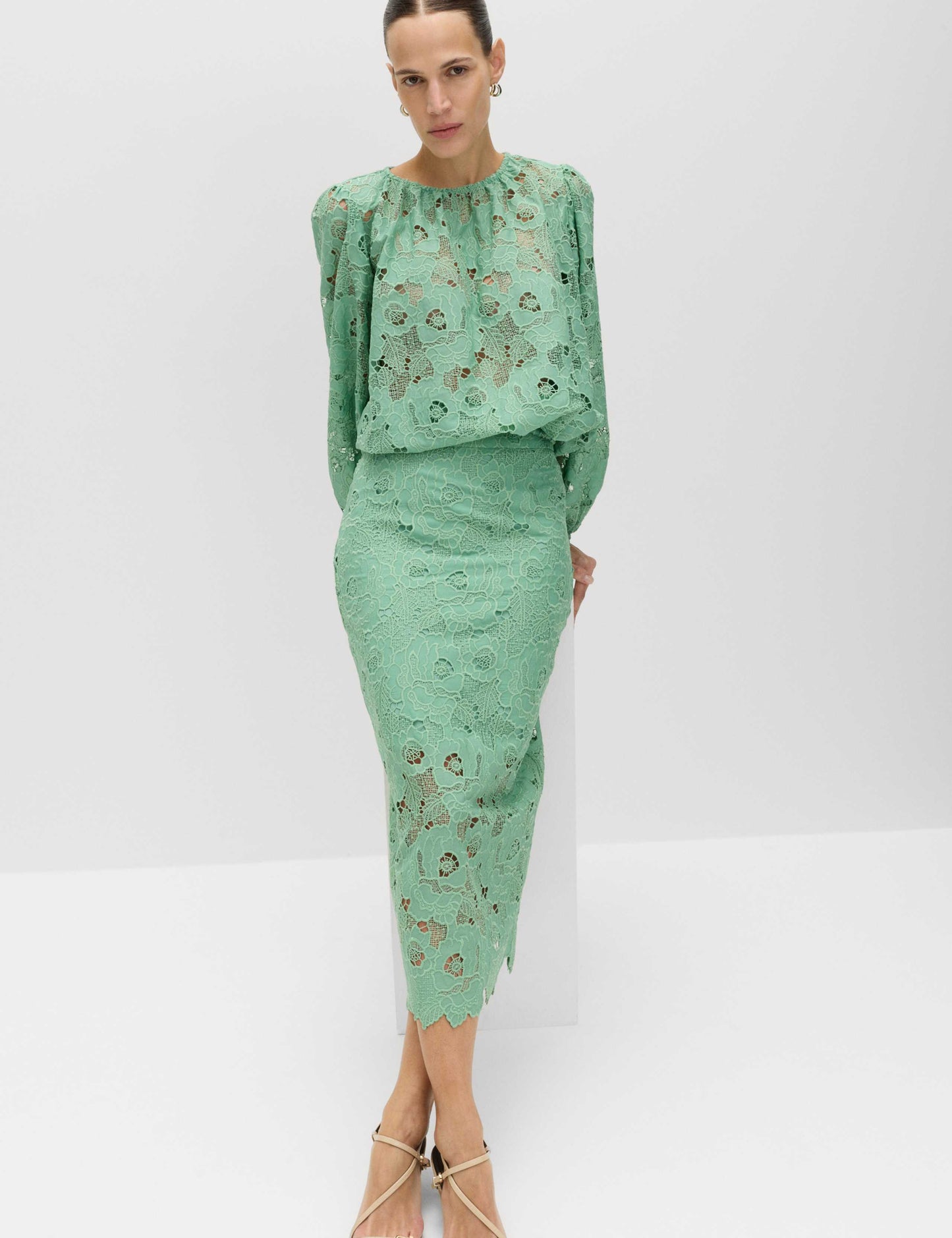 Lace Cutwork Detail Midi Pencil Skirt