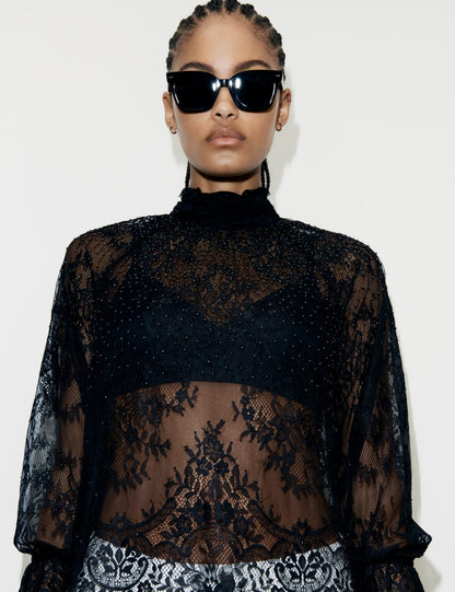 Lace High-Neck Long-Sleeved Top