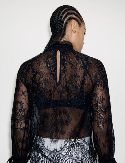 Lace High-Neck Long-Sleeved Top