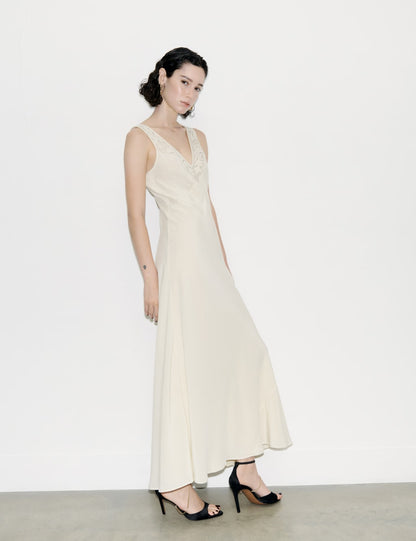 Lace-Trim Pure Silk Maxi Dress