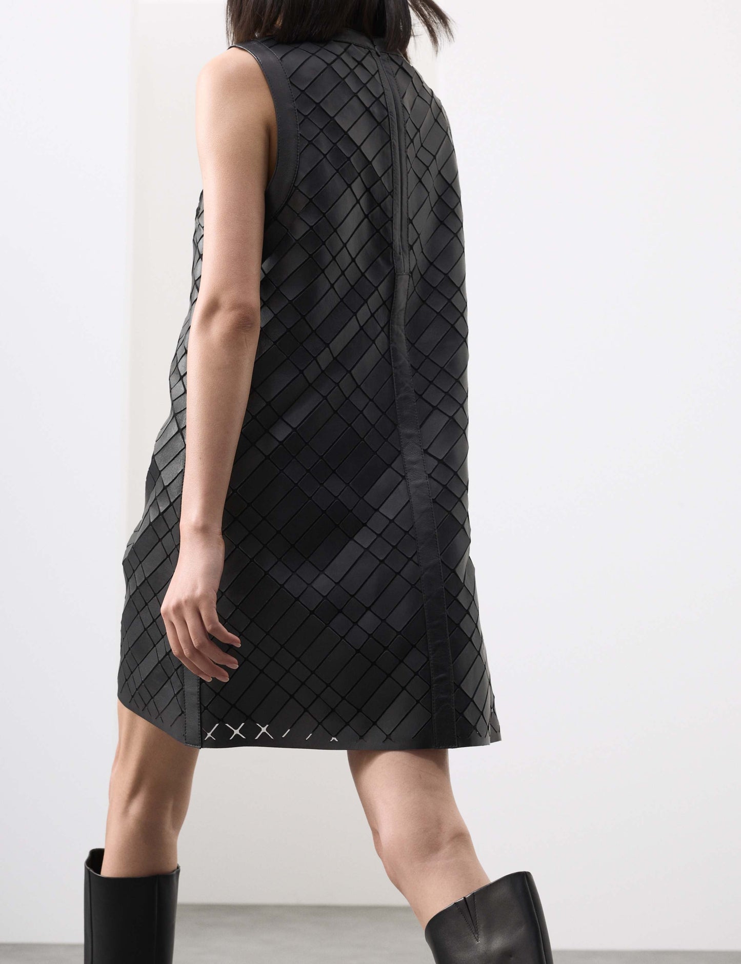 Leather Cutwork Detail Mini Shift Dress