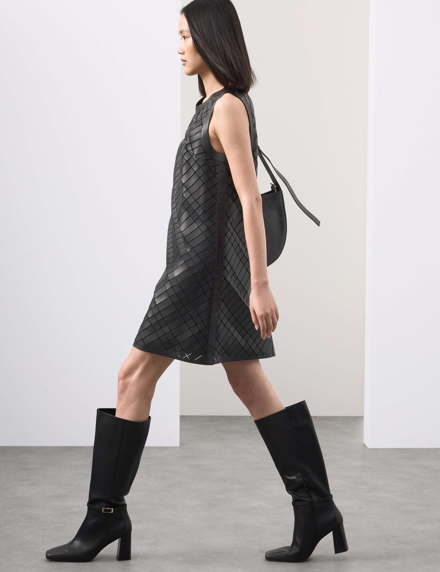 Leather Cutwork Detail Mini Shift Dress