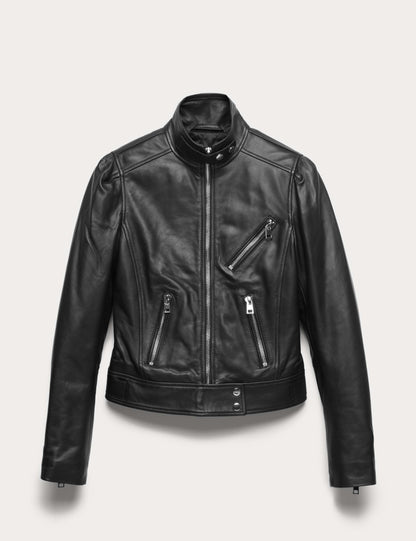 Leather Funnel Neck Biker Jacket