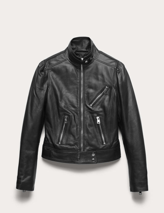 Leather Funnel Neck Biker Jacket