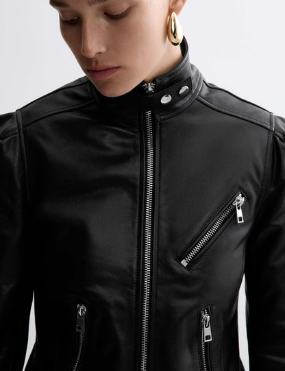 Leather Funnel Neck Biker Jacket