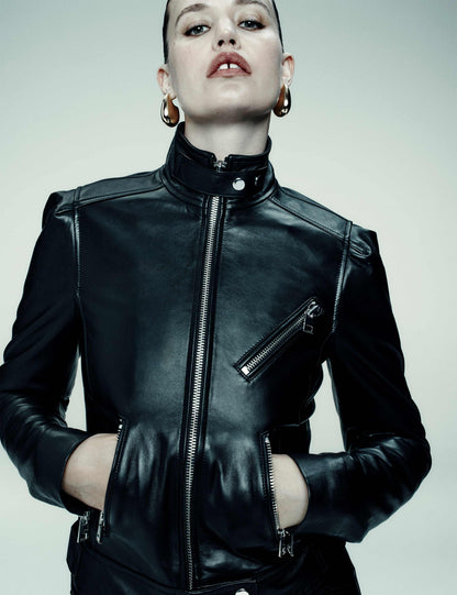 Leather Funnel Neck Biker Jacket