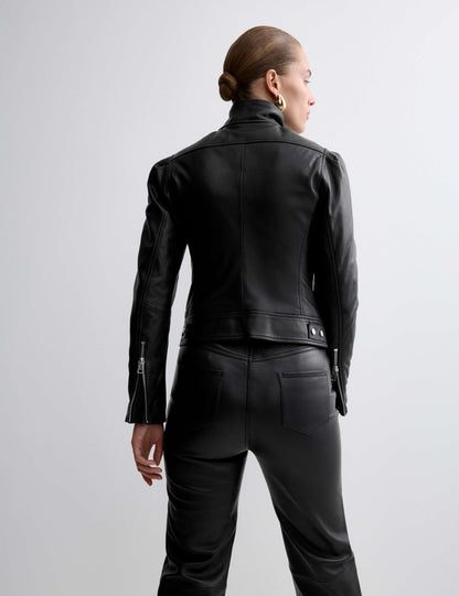 Leather Funnel Neck Biker Jacket