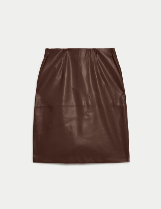 Leather Look Knee Length A-Line Skirt