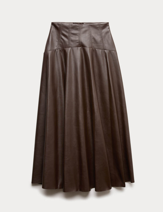 Leather Look Pleated Midaxi Skirt