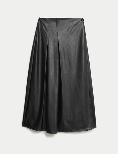 Leather Look Pleated Midaxi Wrap Skirt