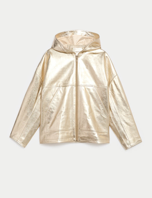 Leather Metallic Hooded Jacket