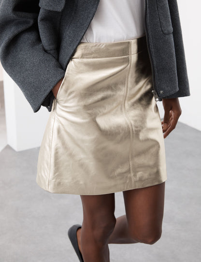 Leather Metallic Mini A-Line Skirt