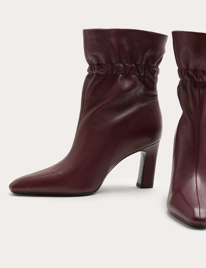 Leather Ruched Block Heel Ankle Boots