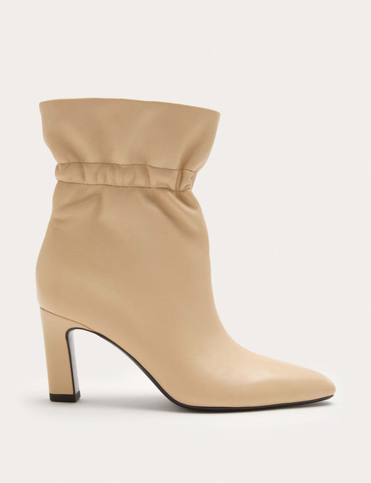 Leather Ruched Block Heel Ankle Boots