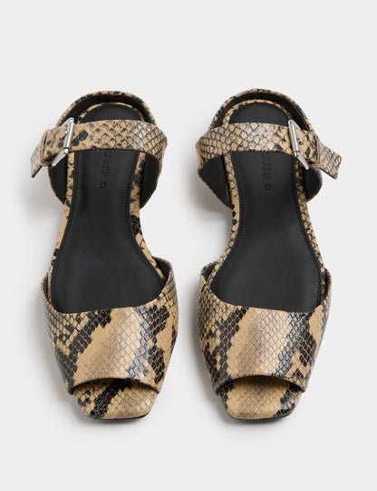 Leather Snake Print Buckle Flat Sandals