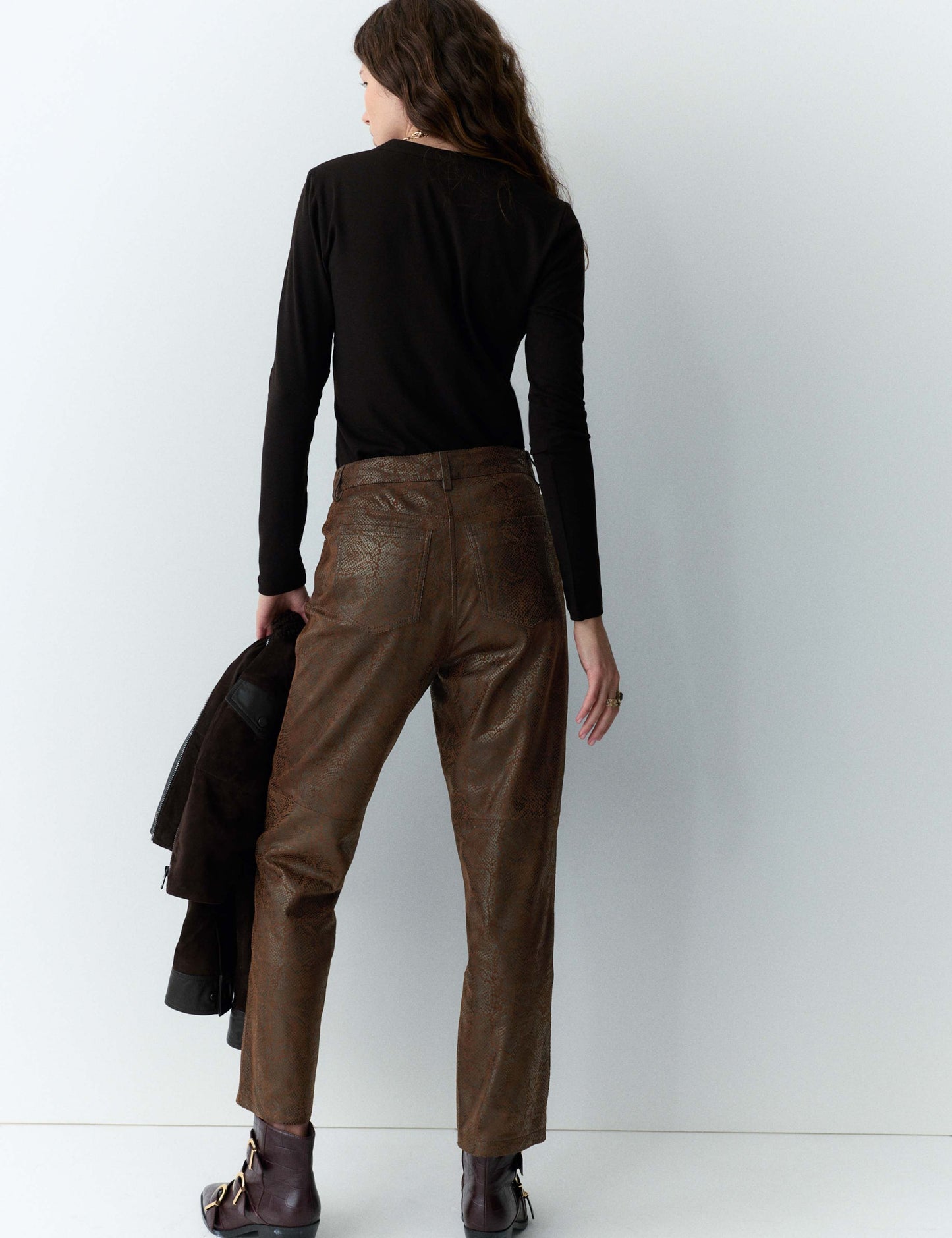 Leather Snake Print Straight Leg Trousers