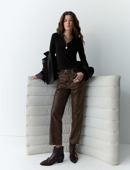Leather Snake Print Straight Leg Trousers