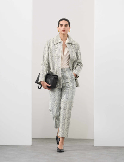 Leather Snakeskin Print Straight Leg Trousers