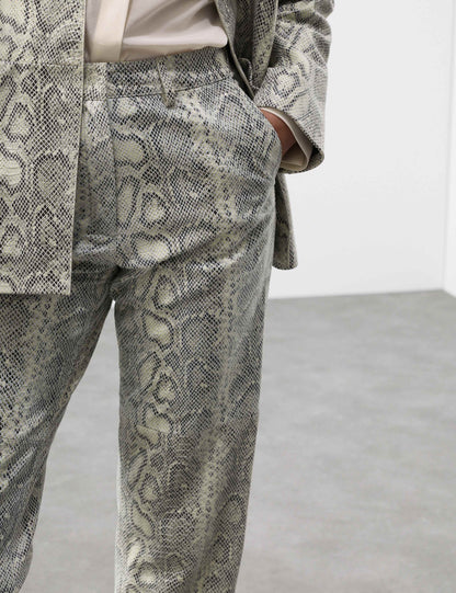 Leather Snakeskin Print Straight Leg Trousers