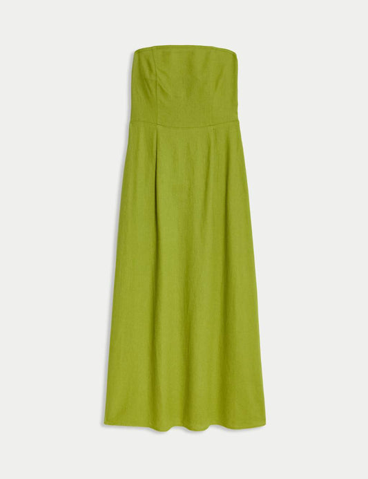 Linen Rich Bandeau Pleat Detail Midaxi Shift Dress