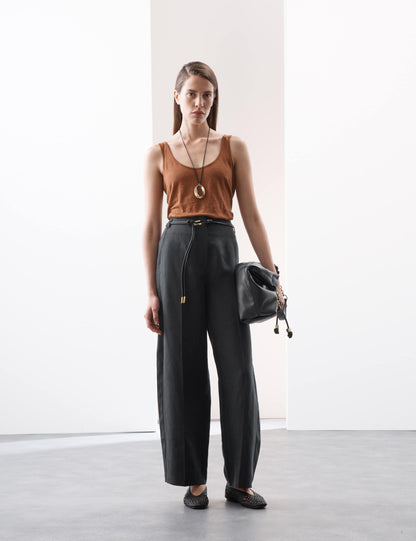 Linen Rich Belted Carrot Leg Trousers