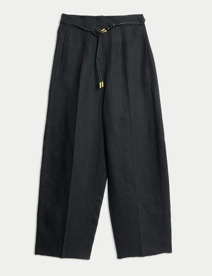 Linen Rich Belted Carrot Leg Trousers