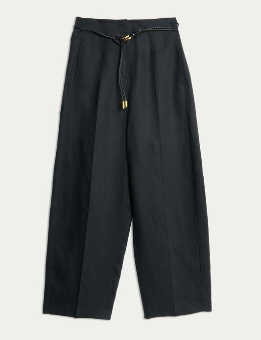 Linen Rich Belted Carrot Leg Trousers
