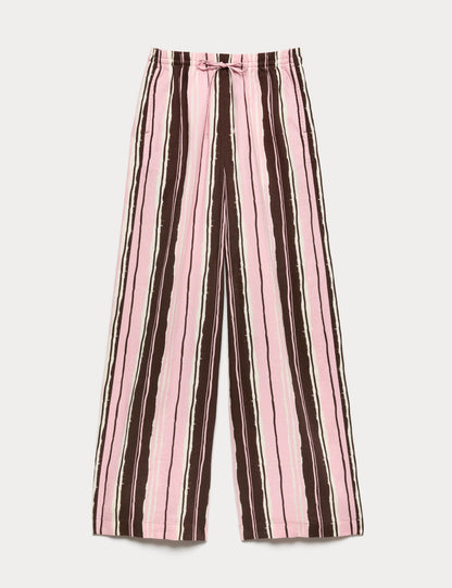 Linen Rich Striped Wide Leg Trousers
