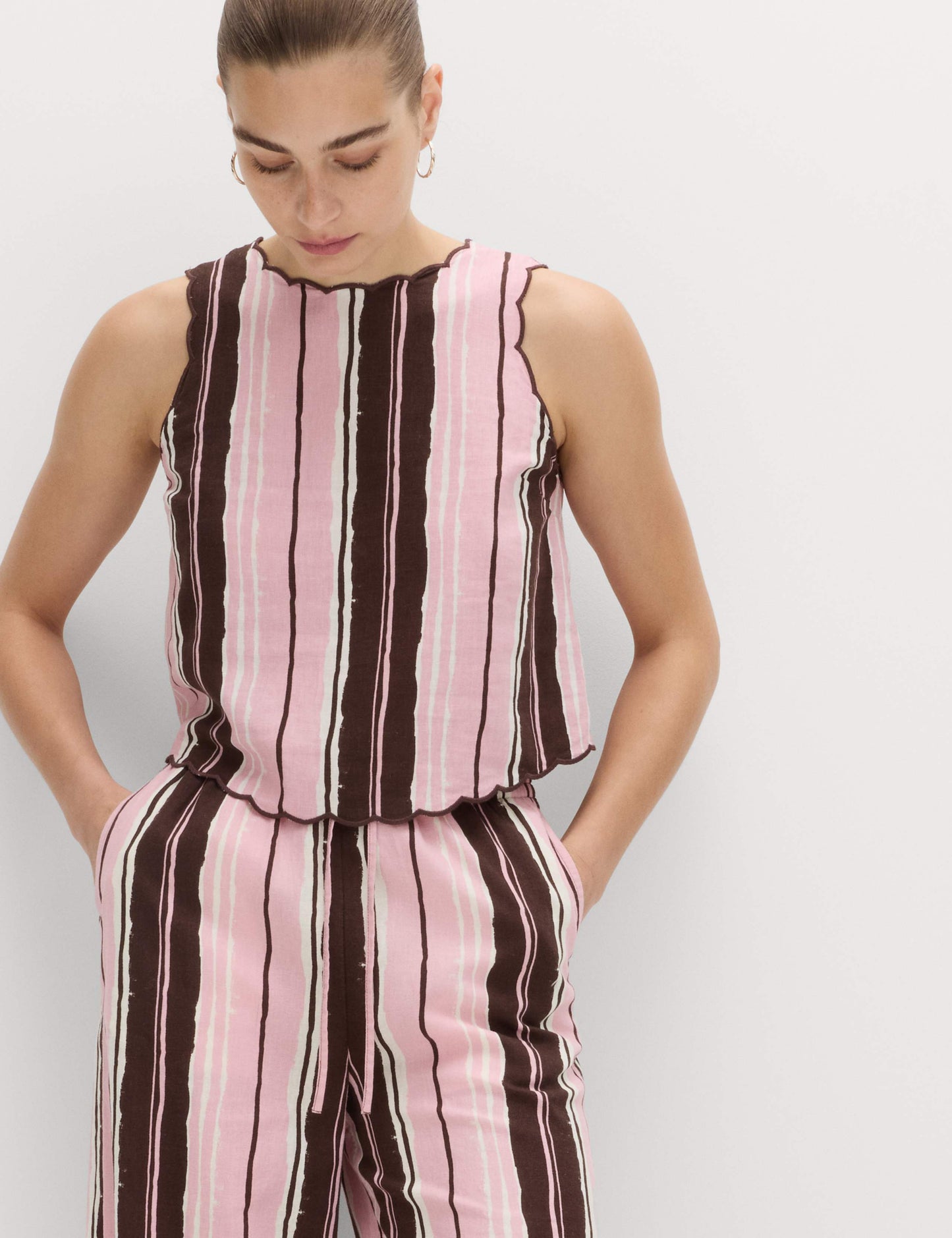 Linen Rich Striped Wide Leg Trousers