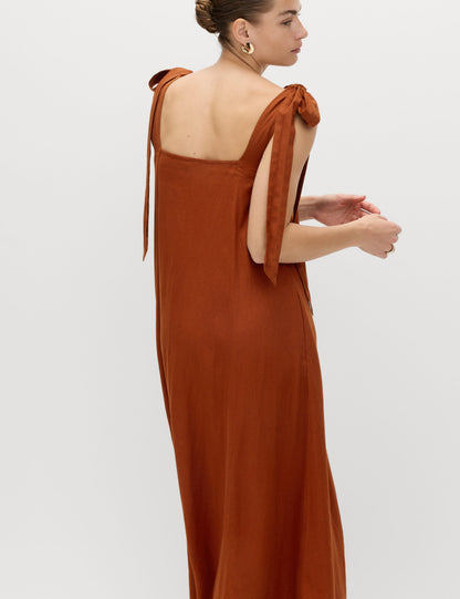 Linen Rich Tie Bow Maxi Beach Dress