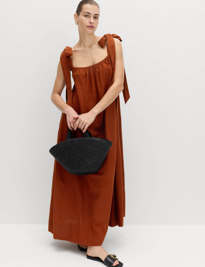 Linen Rich Tie Bow Maxi Beach Dress