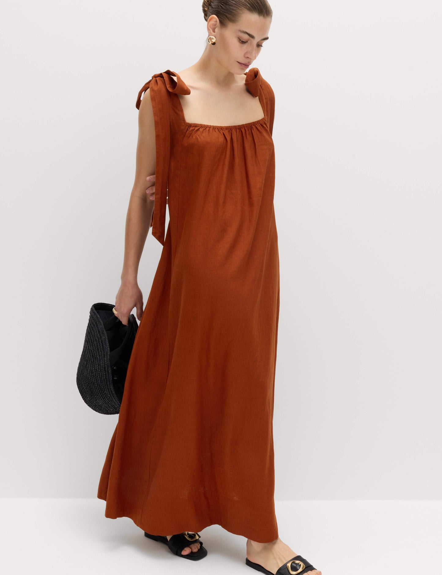 Linen Rich Tie Bow Maxi Beach Dress