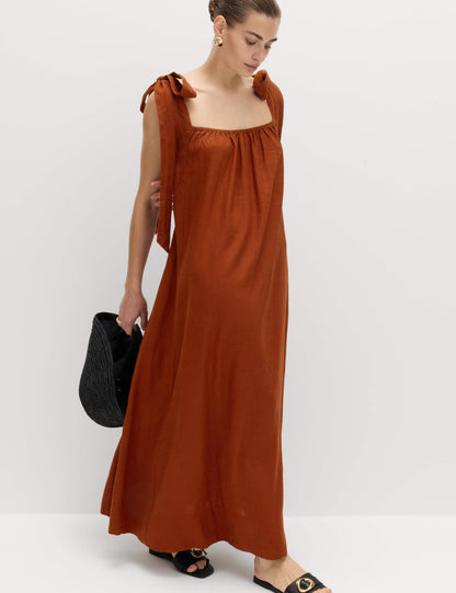 Linen Rich Tie Bow Maxi Beach Dress