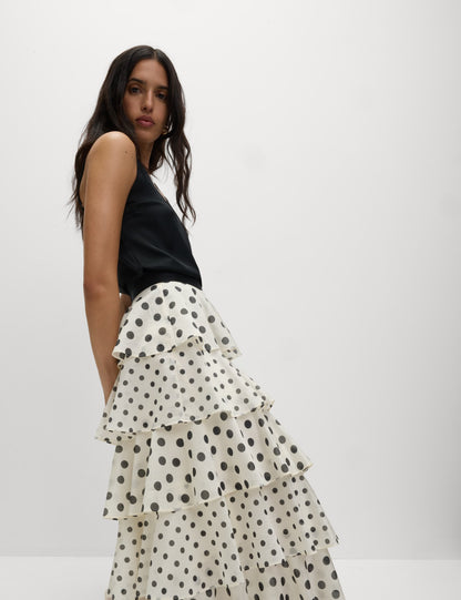 Lyocell Rich Polka Dot Ruffle Midaxi Skirt